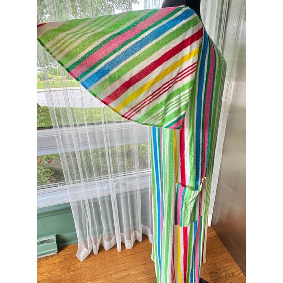 Vintage 80s terrycloth robe/coverup, pink blue yellow green orange red stripes - Picture 7 of 8
